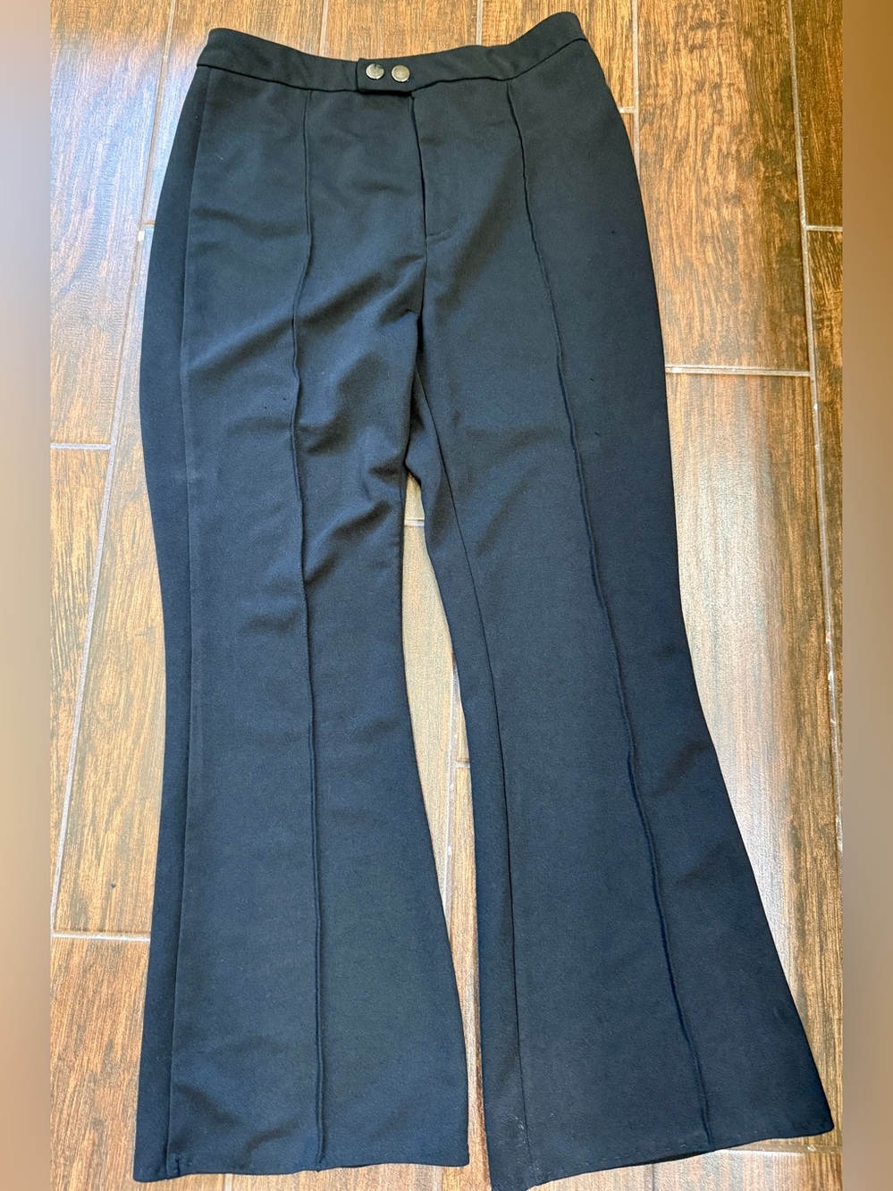 Black Pull On Stretch Flare Pants Large Front Seam Workwear 26 Inseam